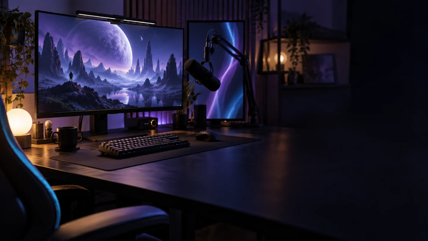 A gaming broadcast desk with monitors, keyboard and microphone lit in violet and blue