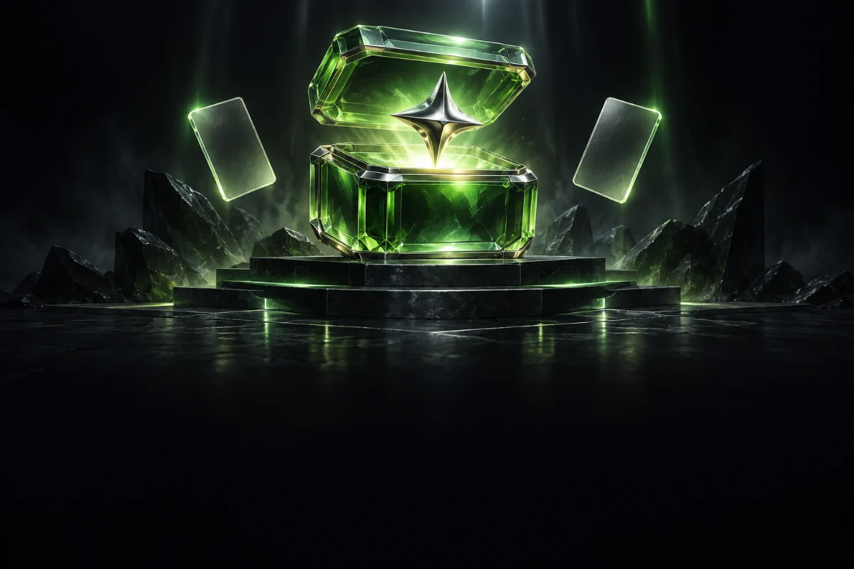 A lime glass prize case with a floating silver star