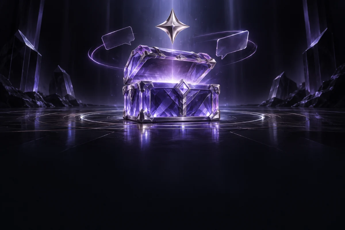 A violet glass prize case with a floating silver star
